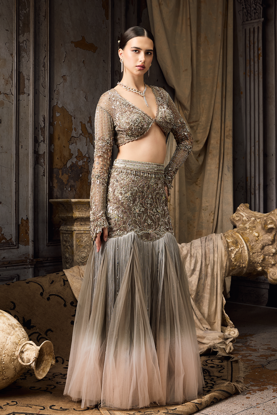 Grey & Pink Full-sleeve Blouse Lehenga Set