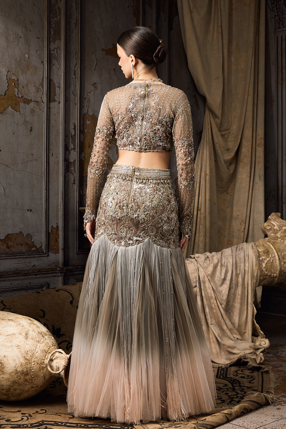 Grey & Pink Full-sleeve Blouse Lehenga Set