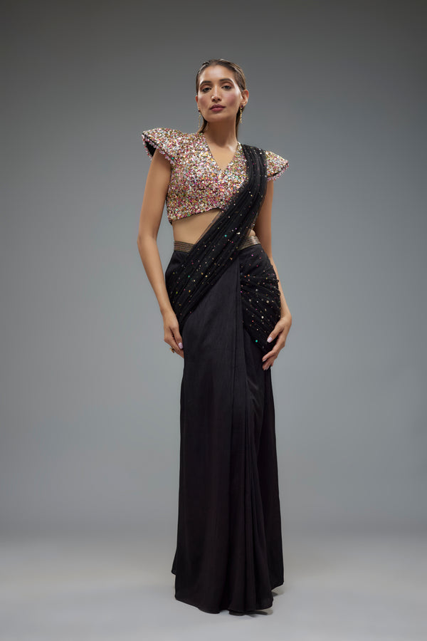 Black Saree with Structured Sequence Blouse