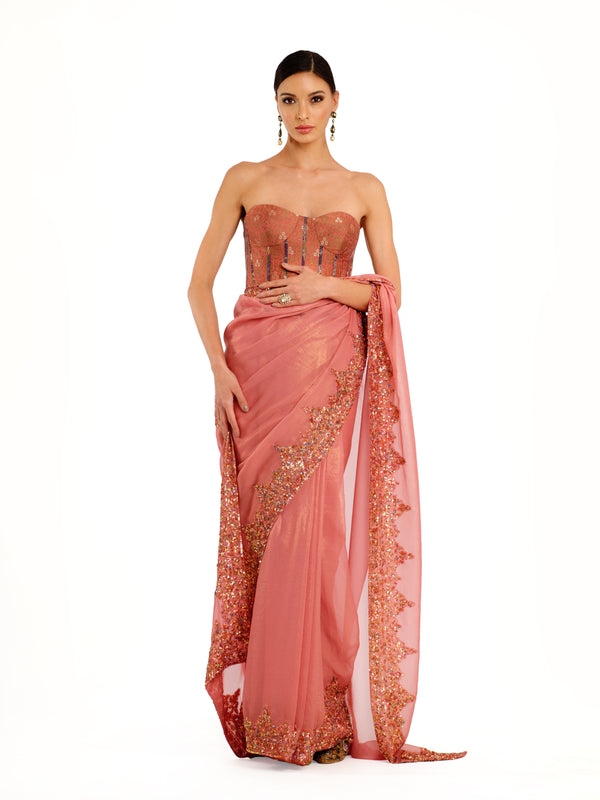 Pink Shimmer Gold Georgette Sari with Corset Blouse