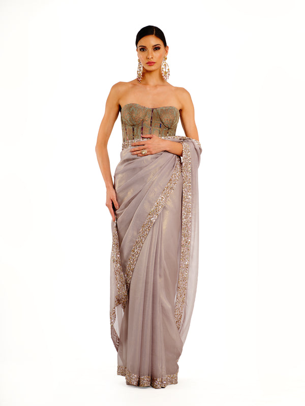 Grey Shimmer Georgette Sari with Corset Blouse