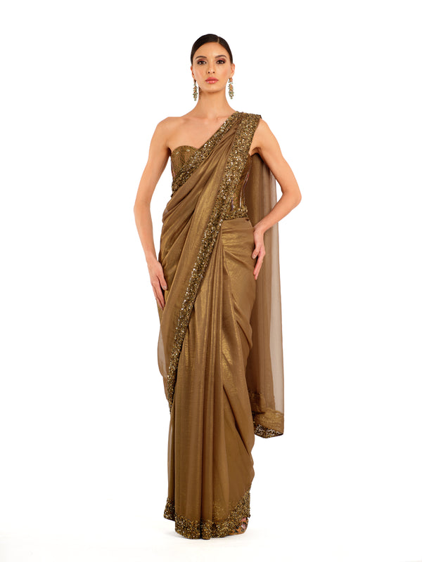Antique Gold Shimmer Georgette Sari with Corset Blouse