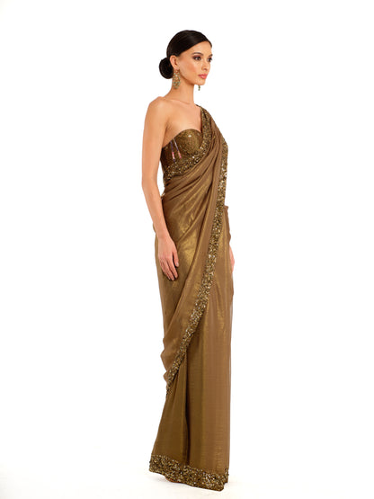 Antique Gold Shimmer Georgette Sari with Corset Blouse