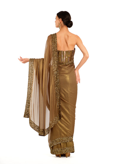 Antique Gold Shimmer Georgette Sari with Corset Blouse