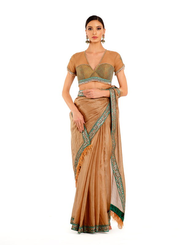 Rust Tissue Sari with Brocade Net Blouse and Feather Detailing