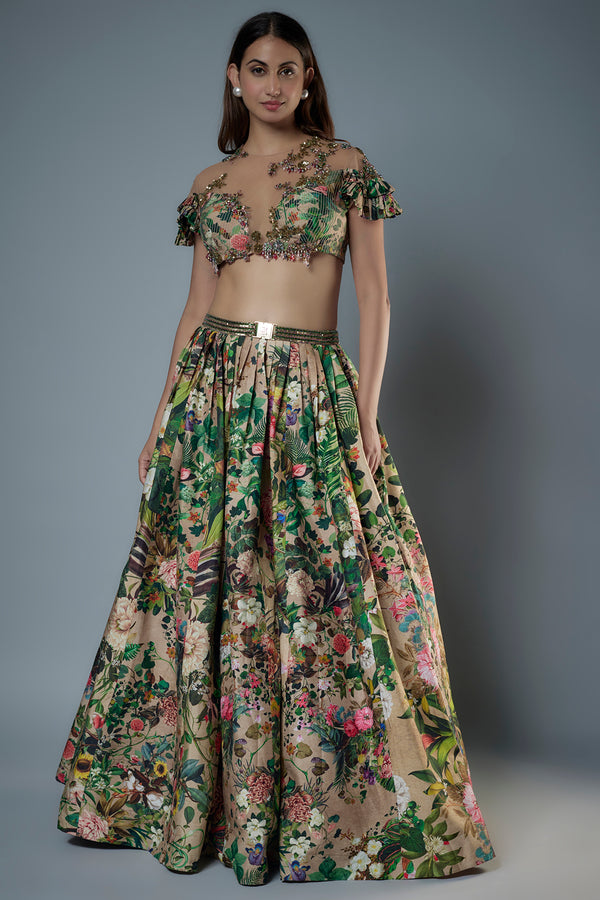 Printed Patchwork Blouse & Lehenga