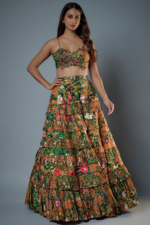 Printed Embroidered Bustier with Printed Lehenga