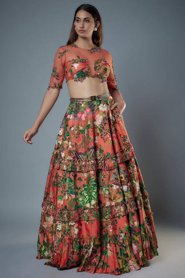 Sheer Net Embroidered Blouse with Layered Frill Lehenga