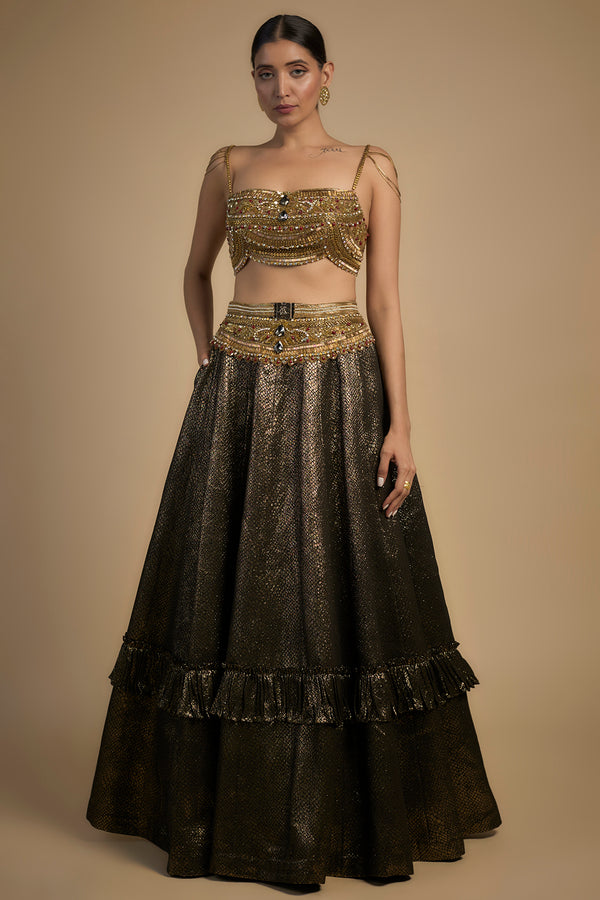 Antique Gold Lehenga with Embroidered Blouse