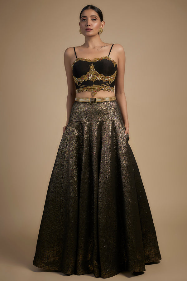 Antique Gold Lehenga with Black Jewel Embroidered  Blouse