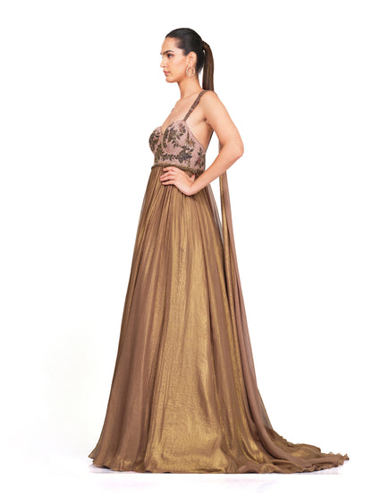 Shimmer copper gown with embroidered bodice
