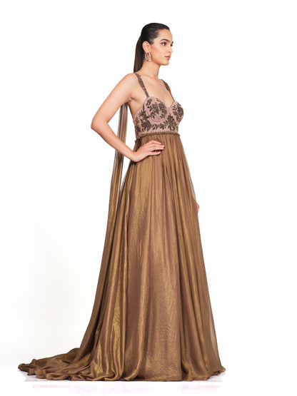 Shimmer copper gown with embroidered bodice