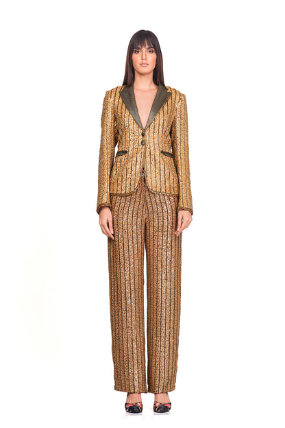 copper sequin blazer and trousers
