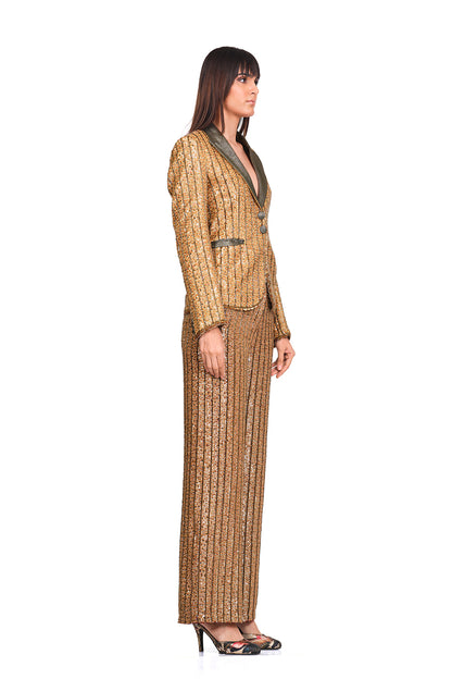 copper sequin blazer and trousers