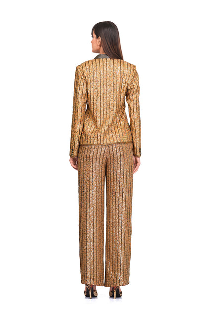copper sequin blazer and trousers