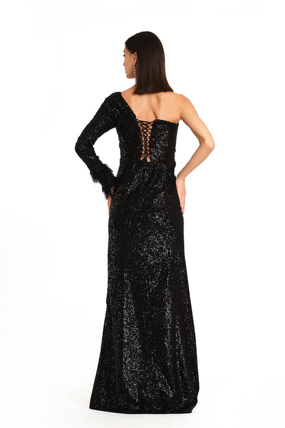 One shoulder gown with feather detailing