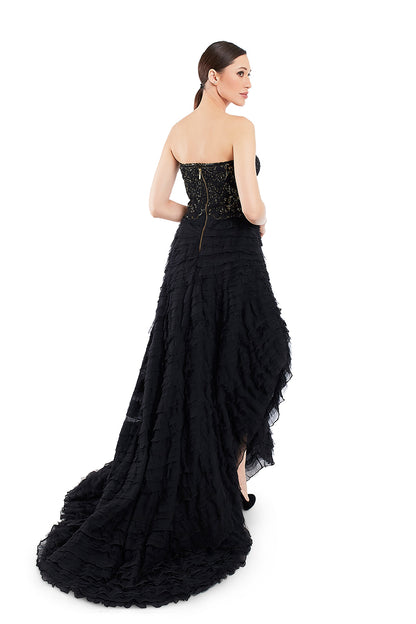 Black embroidered gown with sequin detailing