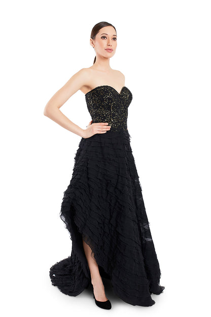 Black embroidered gown with sequin detailing