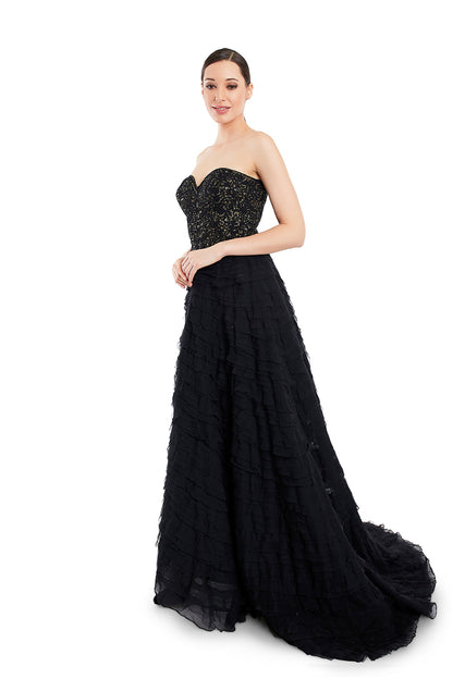 Black embroidered gown with sequin detailing