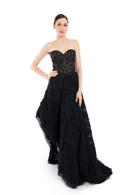 Black embroidered gown with sequin detailing
