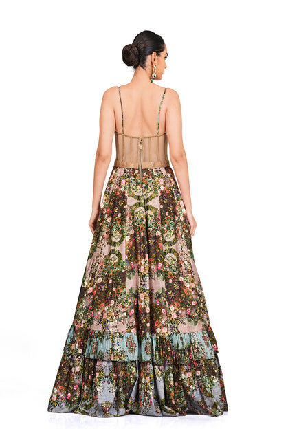 Brocade bodice with signature print gown