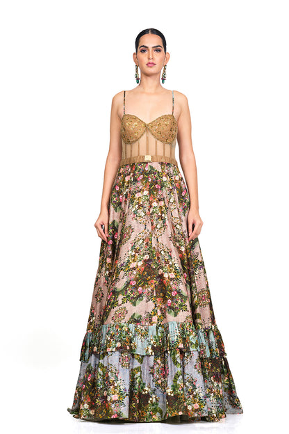 Brocade bodice with signature print gown