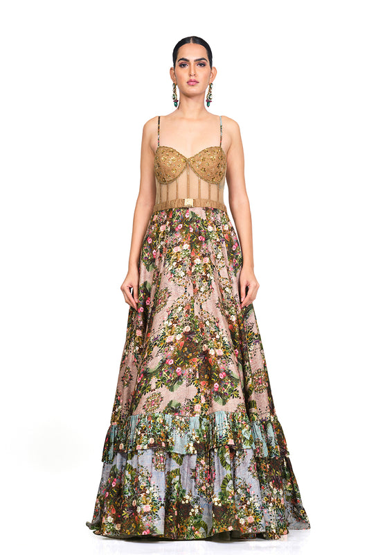 Brocade bodice with signature print gown