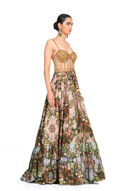 Brocade bodice with signature print gown