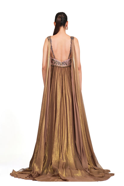Shimmer copper gown with embroidered bodice