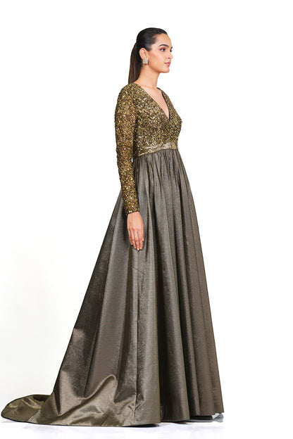 Gold full sleeve gownn with V neck