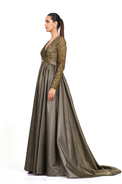 Gold full sleeve gownn with V neck