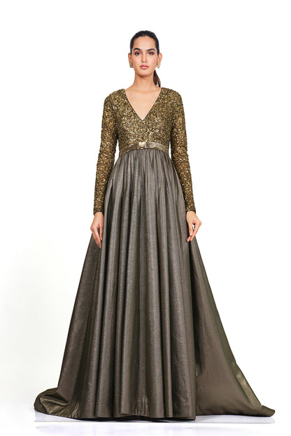 Gold full sleeve gownn with V neck