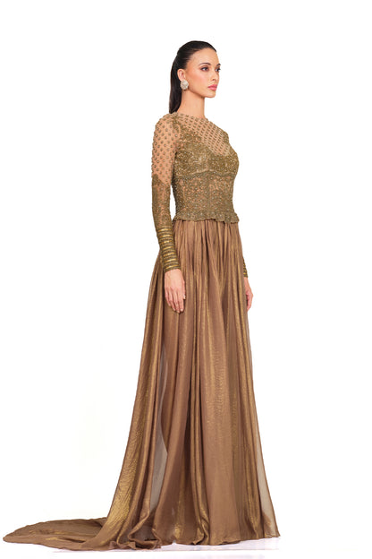 antique gold embroidered gown