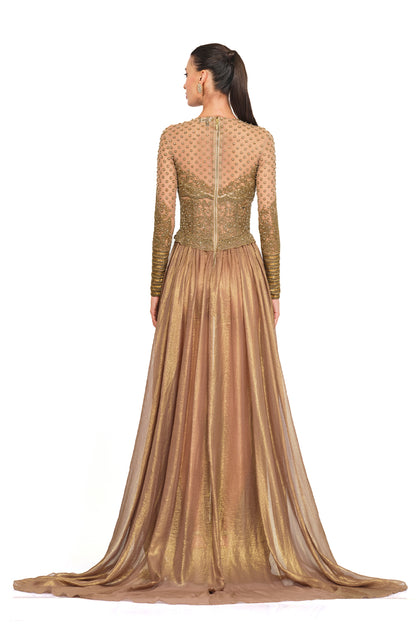 antique gold embroidered gown