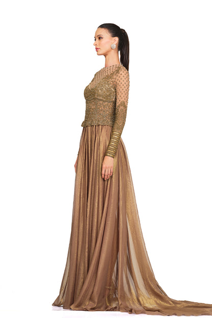 antique gold embroidered gown