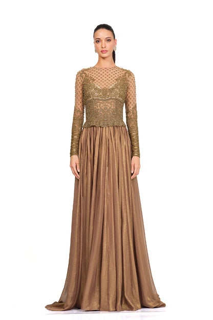 antique gold embroidered gown
