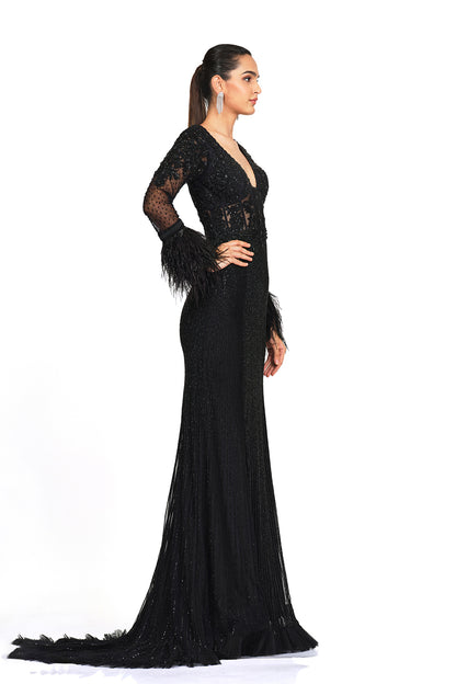 Beaded embroidered gown with feather sleeves