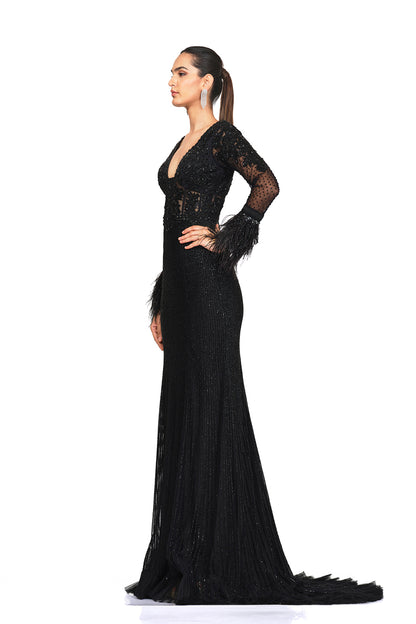 Beaded embroidered gown with feather sleeves