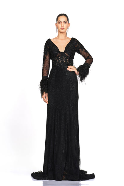 Beaded embroidered gown with feather sleeves