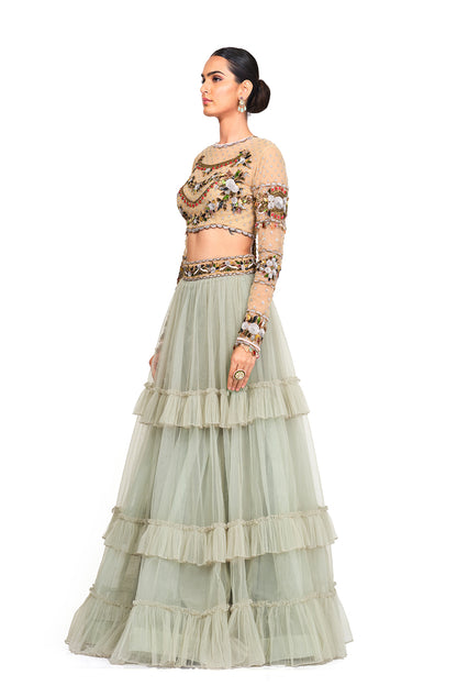Hand Embroidered Blouse With Tulle Skirt
