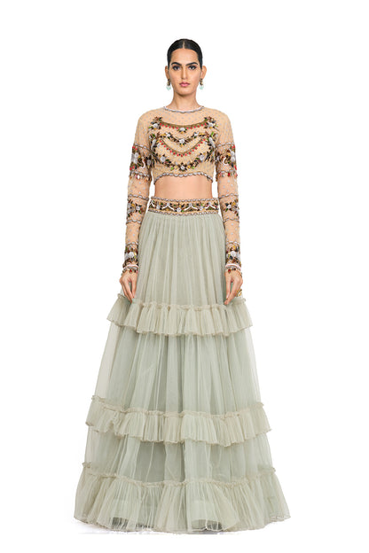 Hand Embroidered Blouse With Tulle Skirt