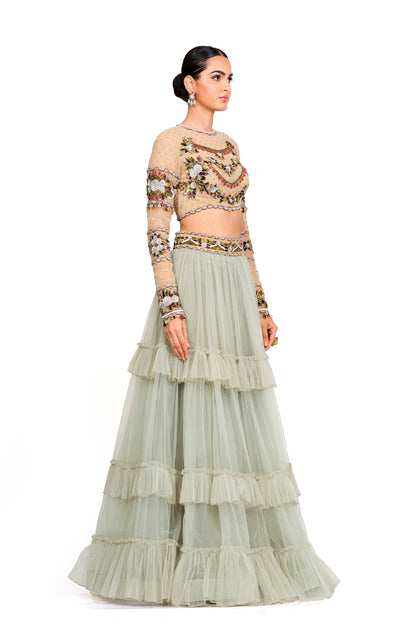 Hand Embroidered Blouse With Tulle Skirt