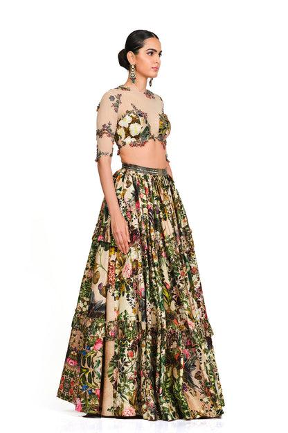 Sheer Net Embroidered Blouse with Lehenga
