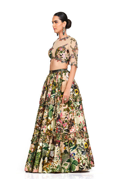 Sheer Net Embroidered Blouse with Lehenga