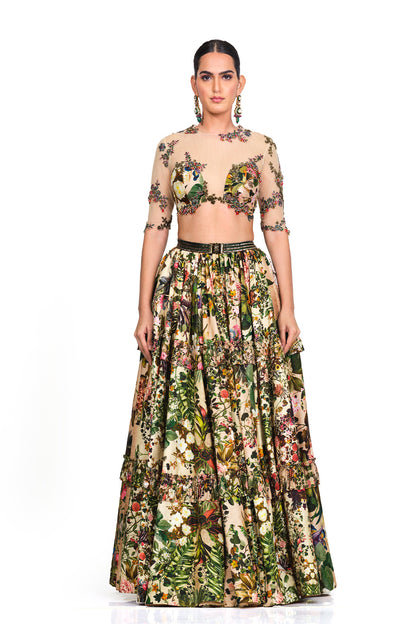 Sheer Net Embroidered Blouse with Lehenga