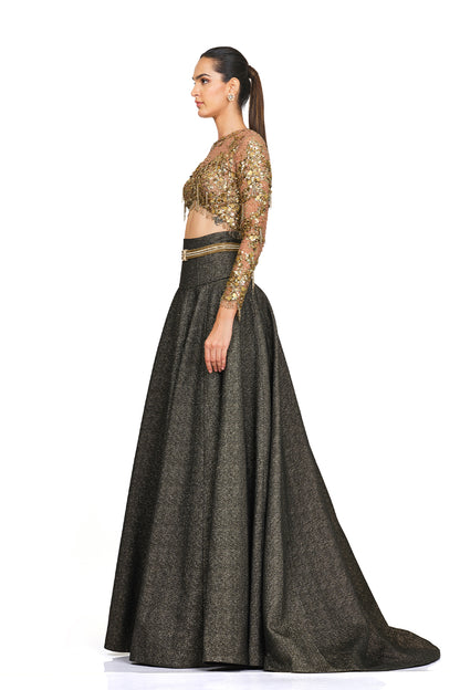 Gold embroidered blouse with lehenga