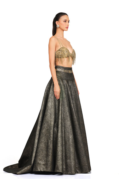 Embroidered Bustire with high waisted skirt