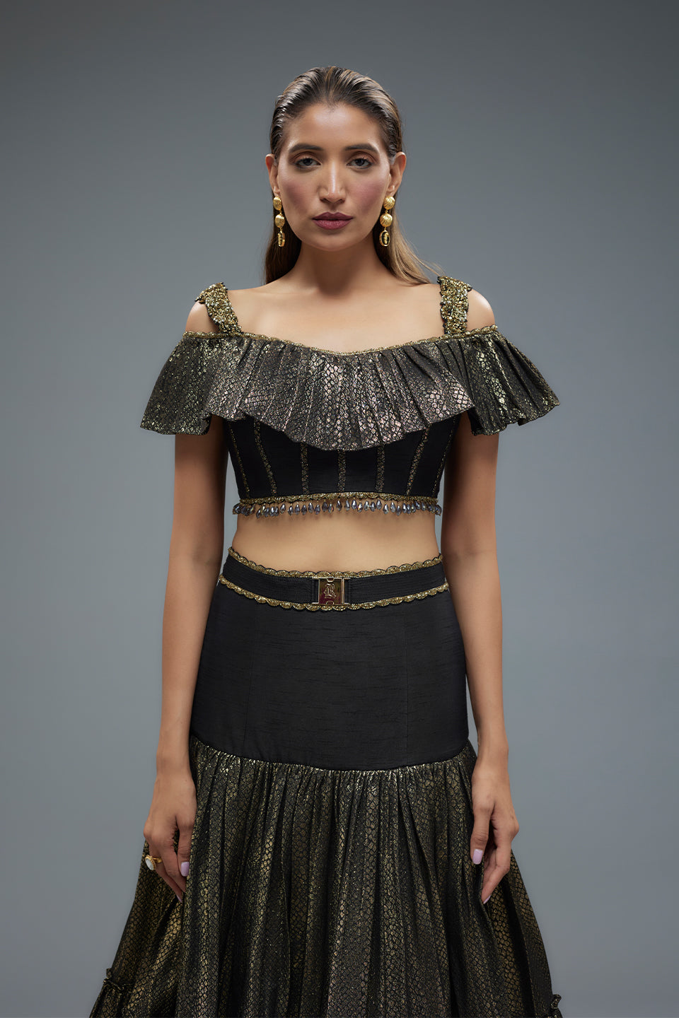 HOT Gold Lehenga Skirt Gold Skirt Black Crop Top Black And Gold