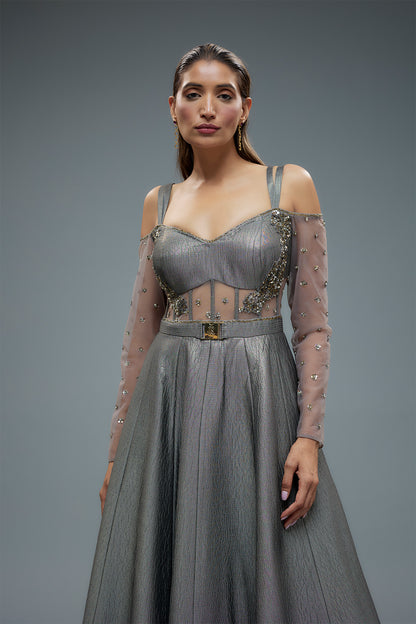 Grey polylurex and net pachwork gown