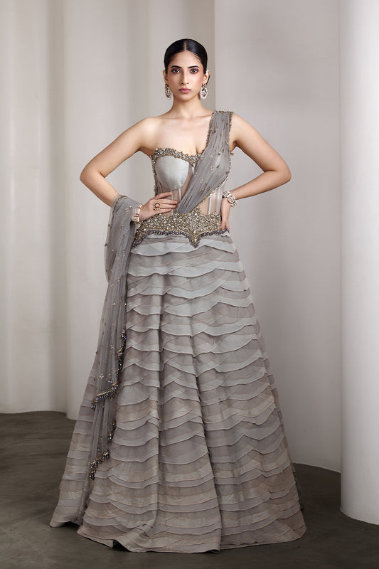 Grey ruffled gown